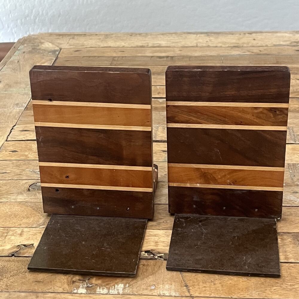 Striped Wood & Metal Bookends Pair 6.25" Midcentury